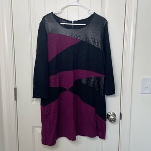 NWOT Alfani women’s faux leather‎ black purple colorblock zip stretch knee dress